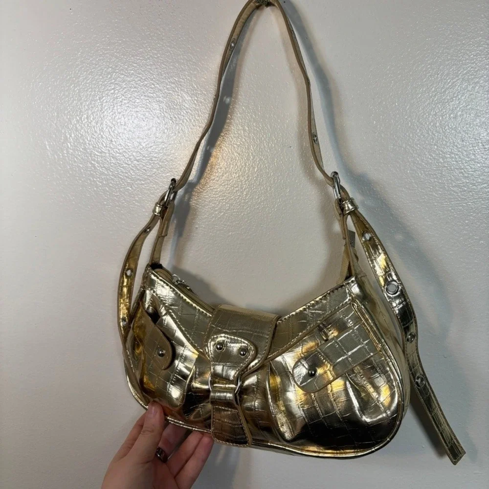 Vintage Shoulder Bag Women Sz S Gold Metallic Croc Embossed Y2K Aesthetic